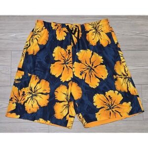 Speedo Swim Trunks Shorts Mens XL Blue Yellow Flowers Hawaiian Floral